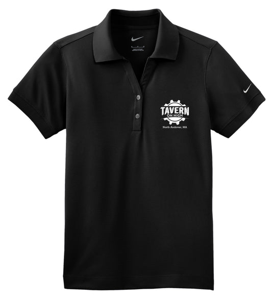 Black Nike Dri-FIT women's polo with Tavern on High logo, featuring a flat knit collar and two-button Y-placket.