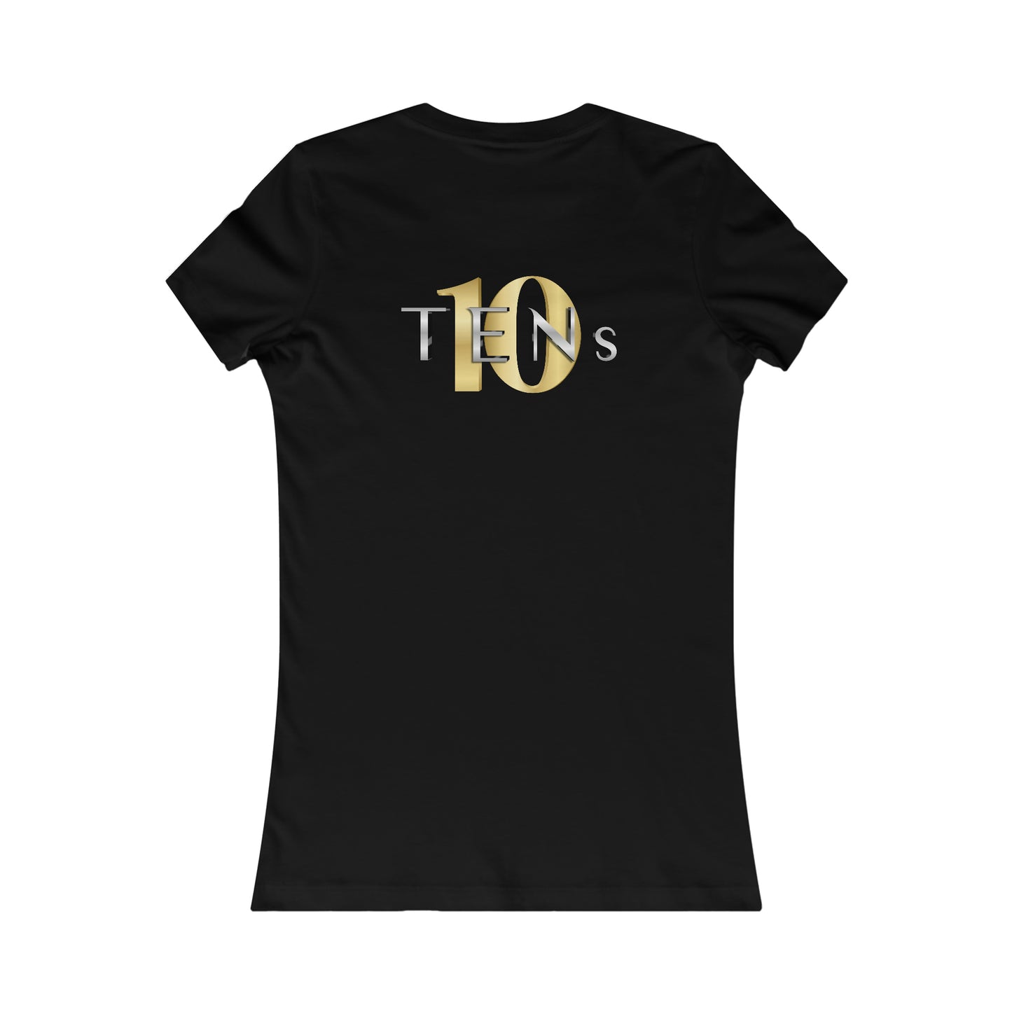 Slim fit black cotton women's tee featuring a metallic gold and silver Tens Show Club logo on the back.