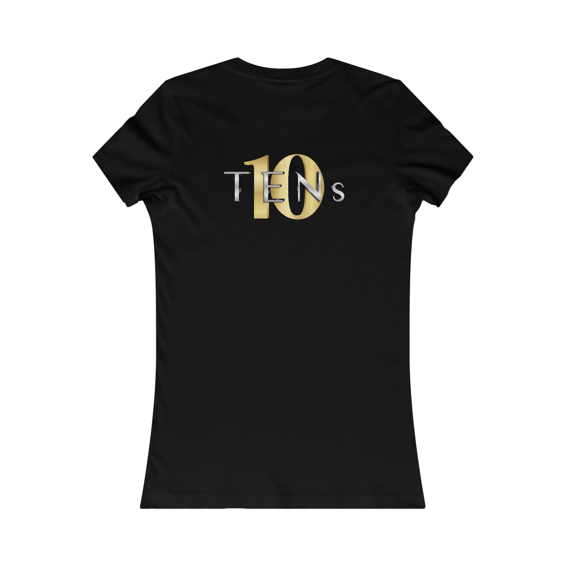 Slim fit black cotton women's tee featuring a metallic gold and silver Tens Show Club logo on the back.