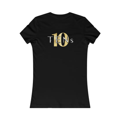 Slim fit black cotton women's tee featuring a metallic gold and silver Tens Show Club logo on the back.