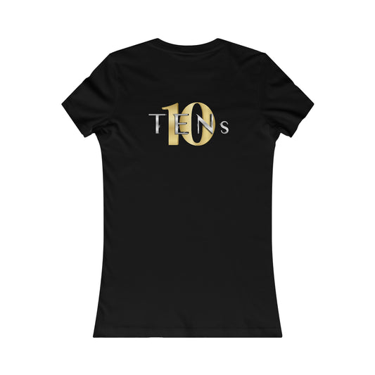 Slim fit black cotton women's tee featuring a metallic gold and silver Tens Show Club logo on the back.