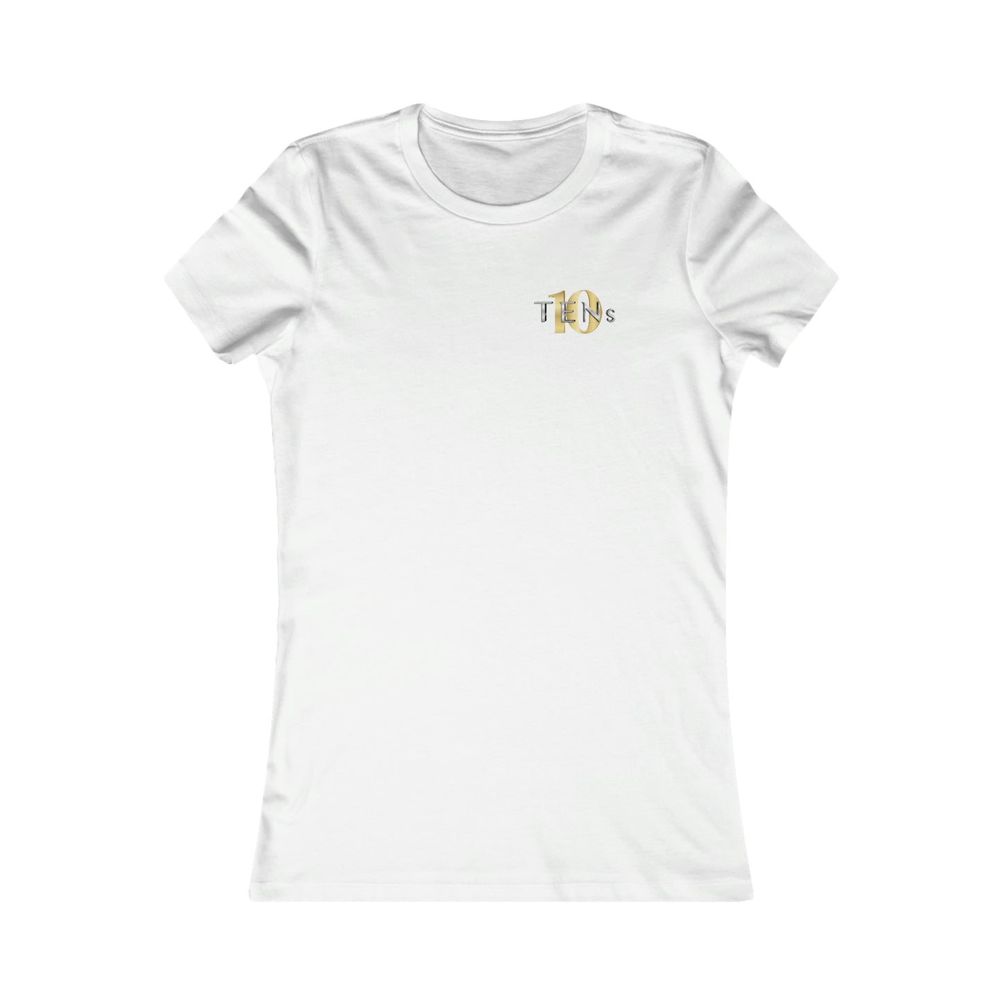 Slim-fit white cotton women's tee featuring a small gold and silver Tens Show Club logo on the chest.