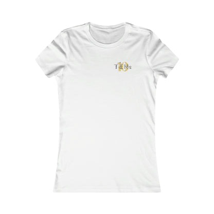 Slim-fit white cotton women's tee featuring a small gold and silver Tens Show Club logo on the chest.