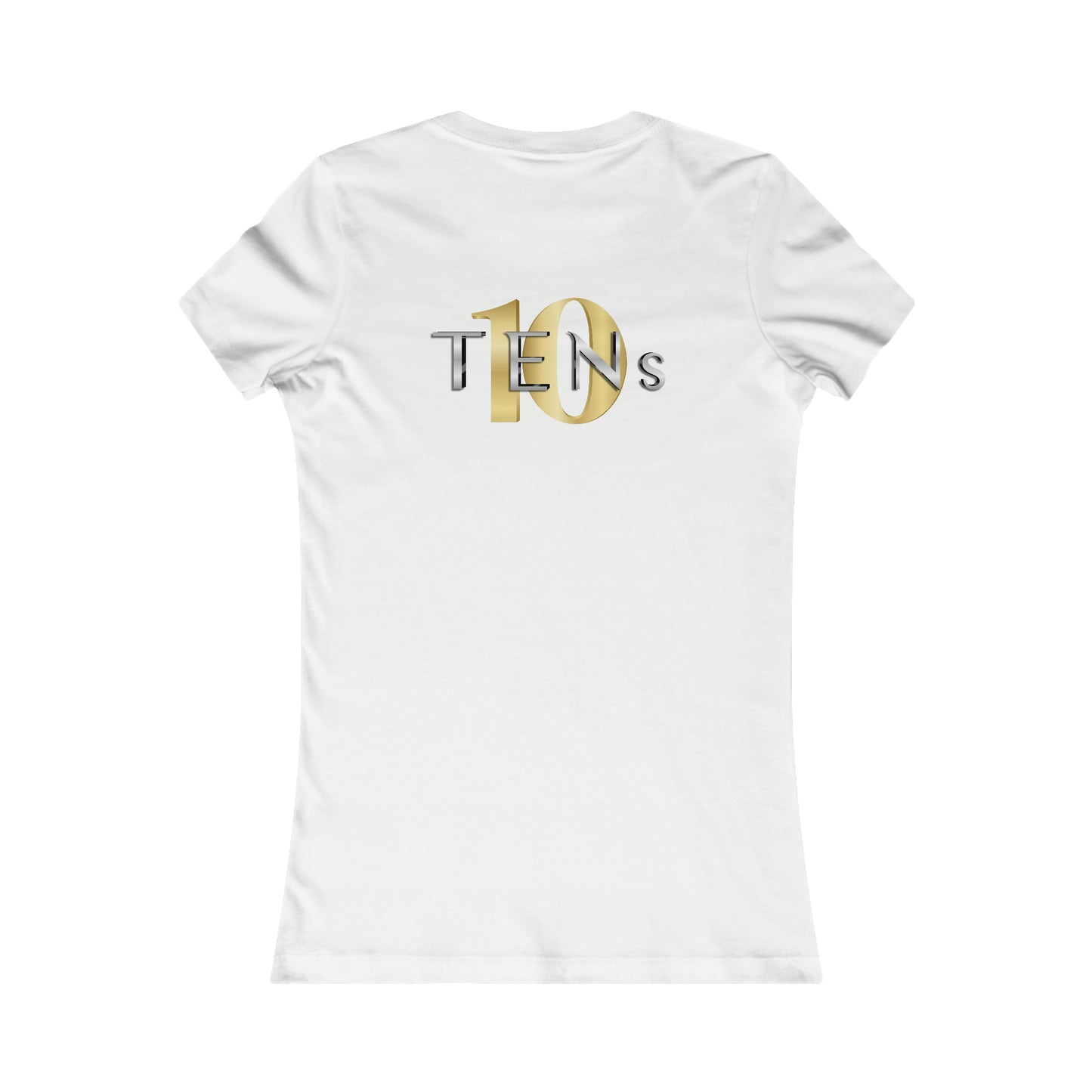 Slim-fit white cotton women's tee featuring a gold and silver metallic TENs logo on the back.