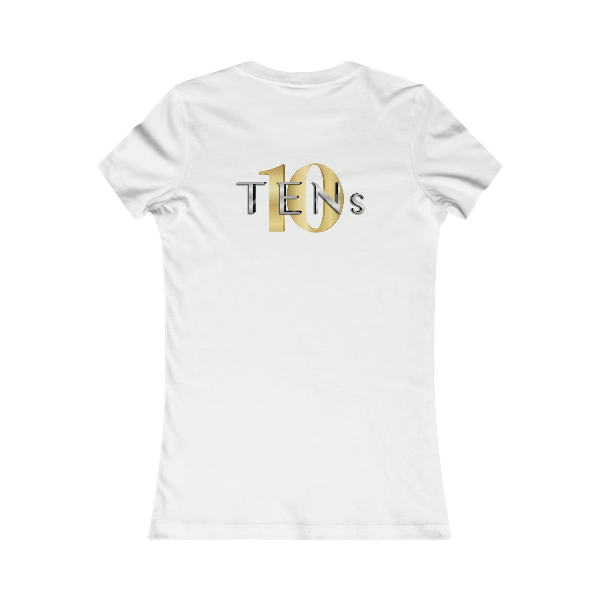 Slim-fit white cotton women's tee featuring a gold and silver metallic TENs logo on the back.