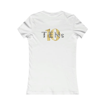Slim-fit white cotton women's tee featuring a gold and silver metallic TENs logo on the back.
