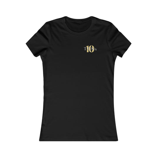 Slim-fit black cotton women's tee featuring a small gold and silver Tens Show Club logo on the chest.