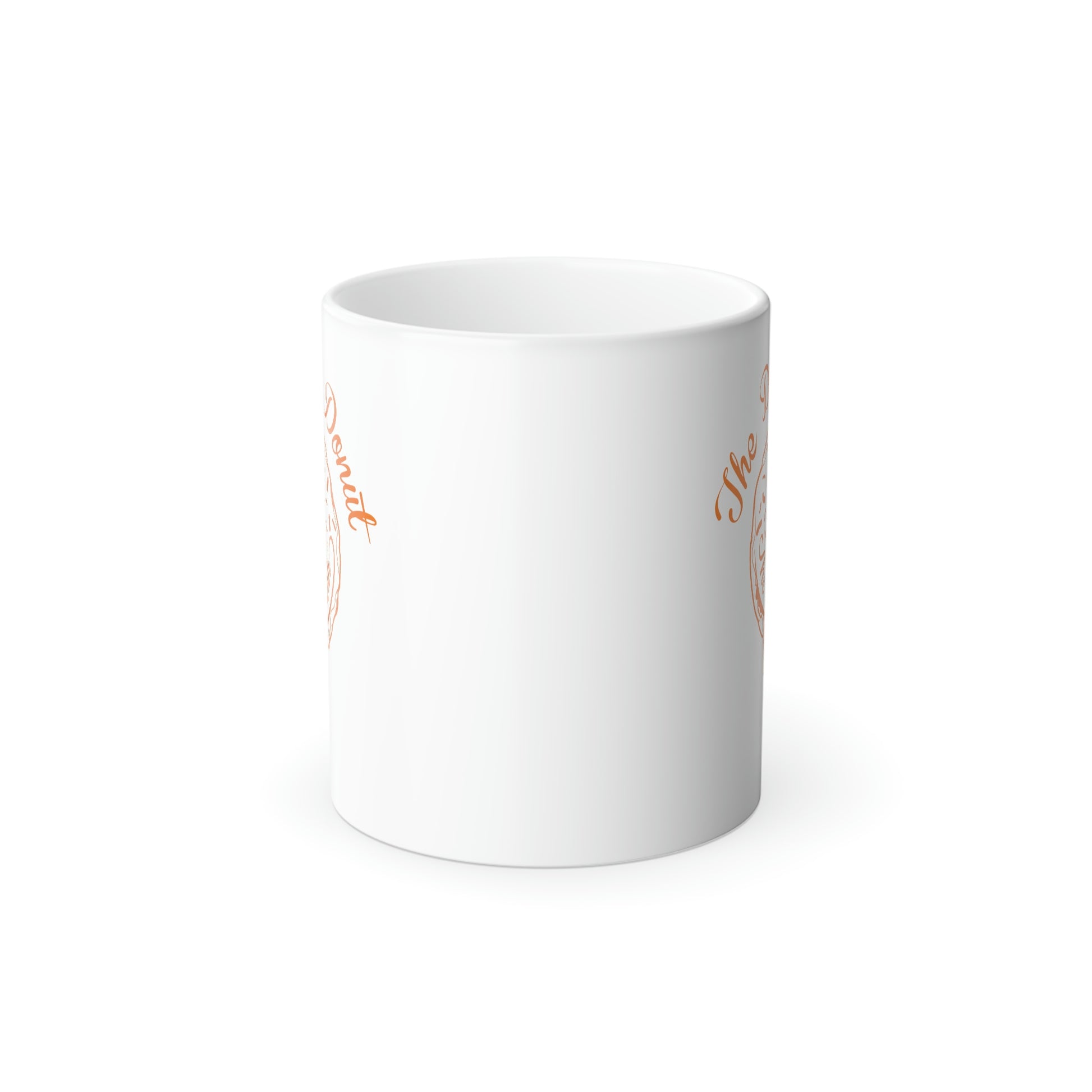 11oz white ceramic mug with The Daily Donut orange graphic, glossy finish, and C-shaped handle.