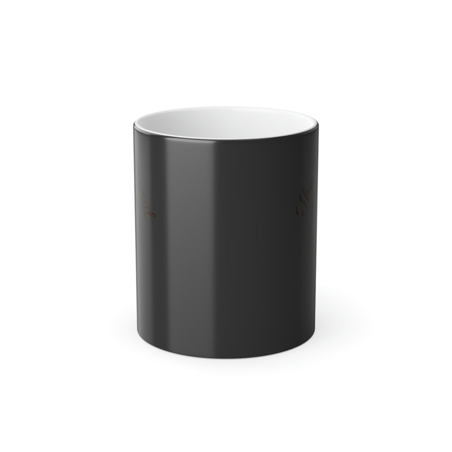 11oz ceramic heat-reactive mug with a glossy black exterior, white interior, and a sturdy C-shaped handle.
