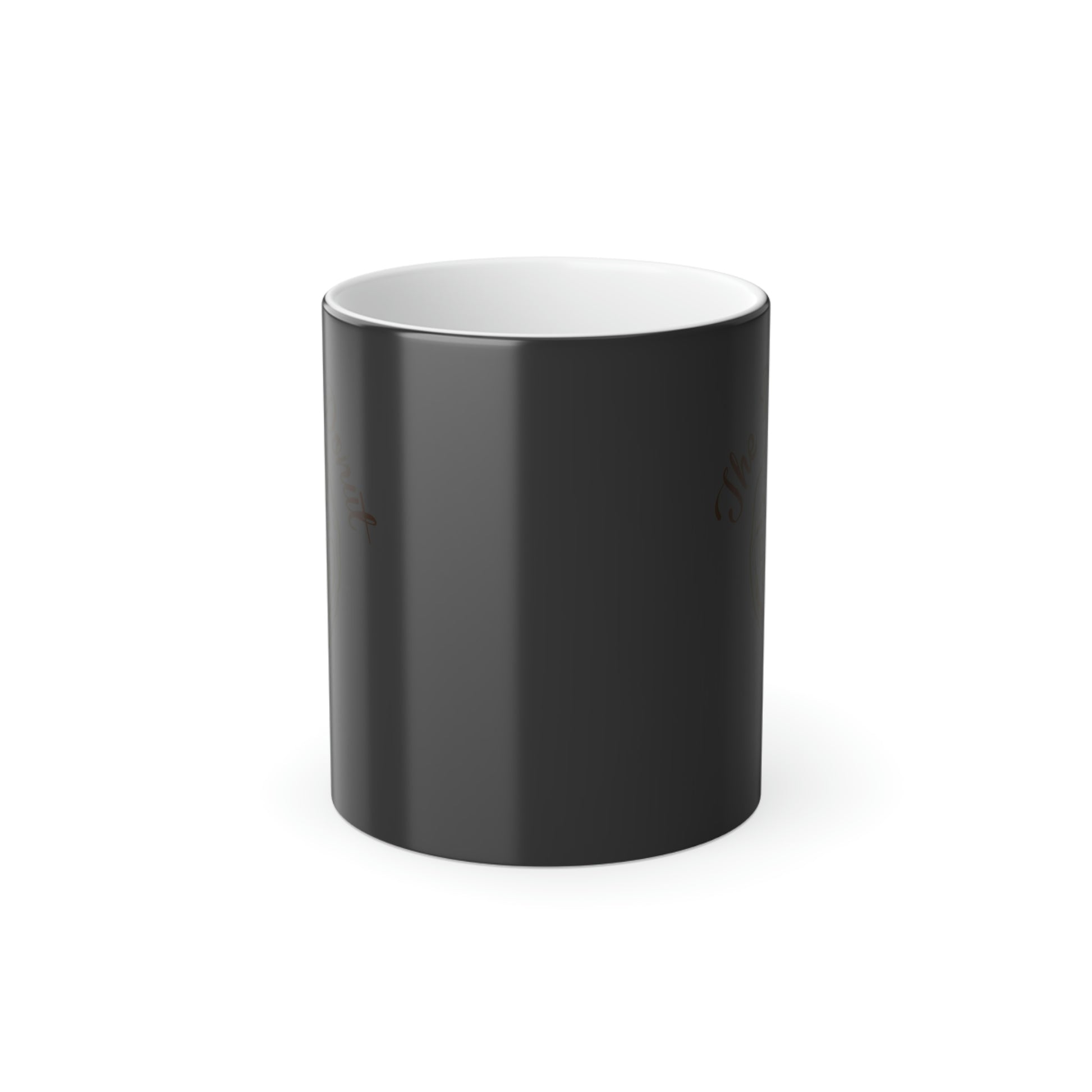 11oz ceramic heat-reactive mug with a glossy black exterior, white interior, and a sturdy C-shaped handle.