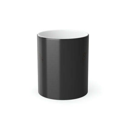 11oz ceramic heat-reactive mug with a glossy black exterior, white interior, and a sturdy C-shaped handle.