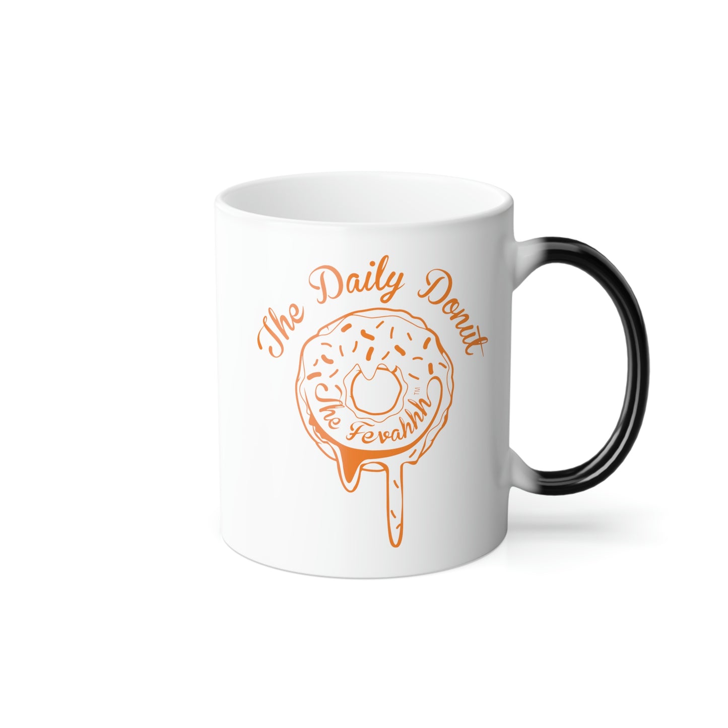 11oz ceramic heat-reactive mug with white finish, black handle, and orange The Daily Donut graphic design.