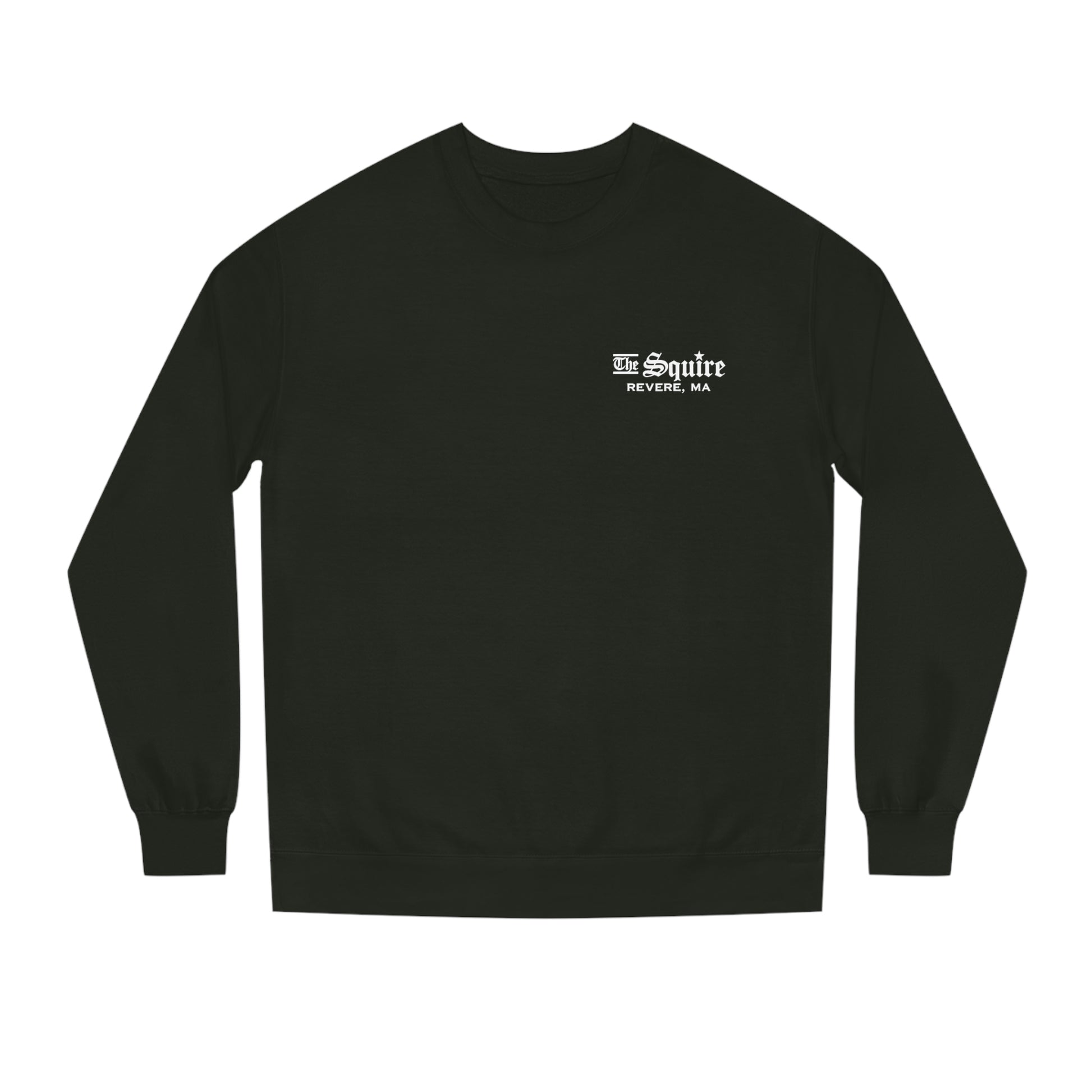 Black crew neck sweatshirt featuring The Squire Revere, MA white text logo on the left chest in a regular fit.