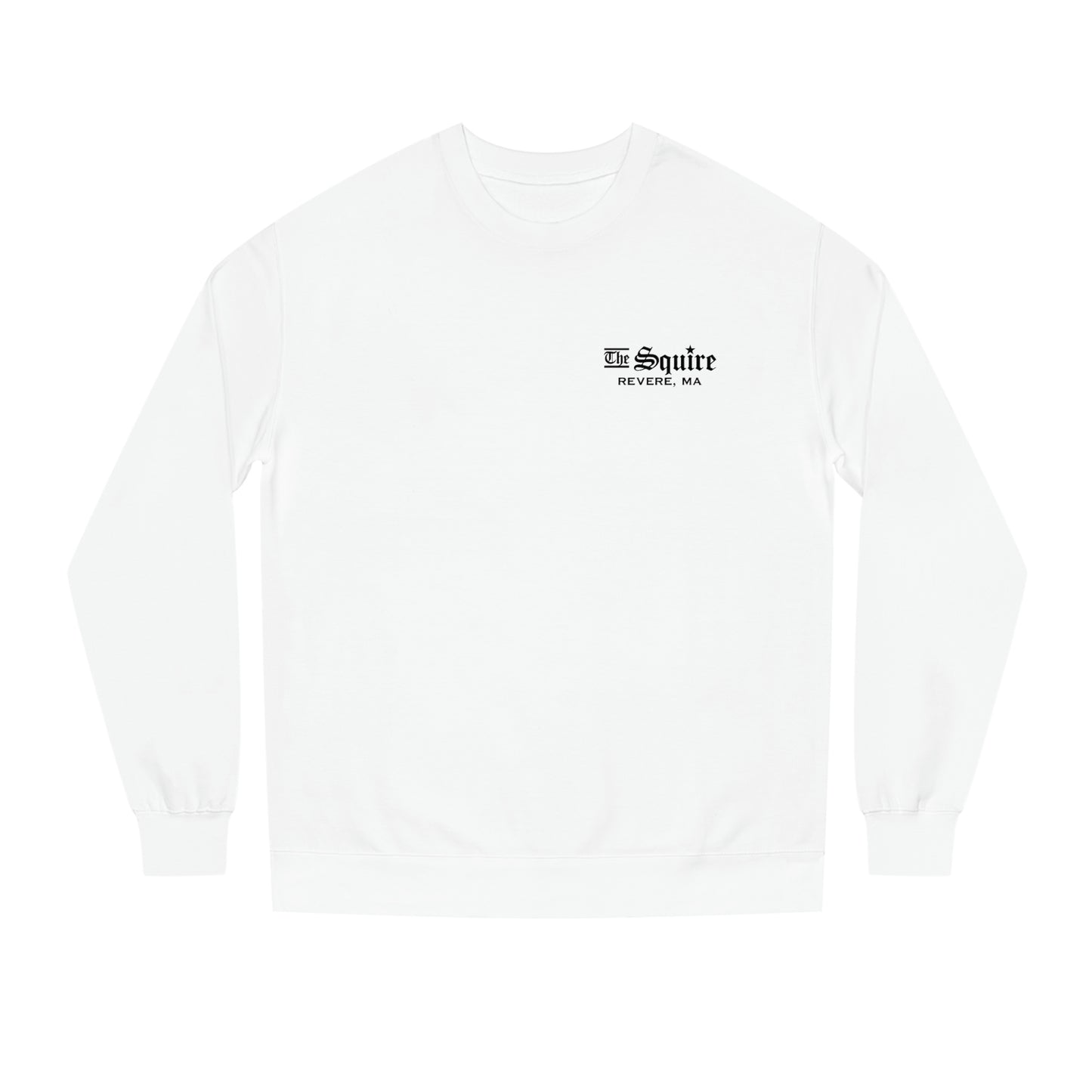 White crew neck sweatshirt featuring The Squire Revere, MA logo in black on the left chest.