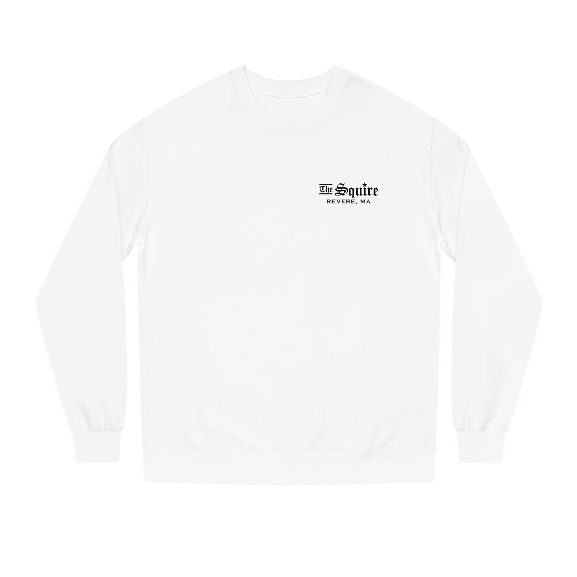 White crew neck sweatshirt featuring The Squire Revere, MA logo in black on the left chest.