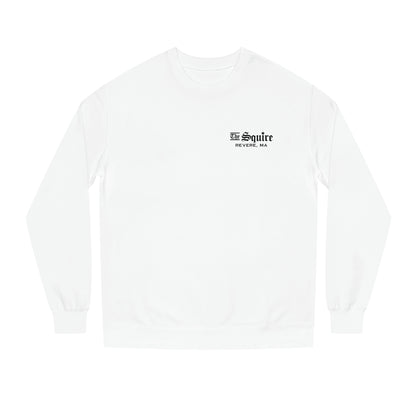 White crew neck sweatshirt featuring The Squire Revere, MA logo in black on the left chest.