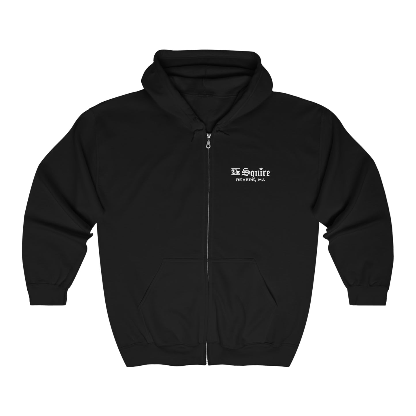 Black full-zip hooded sweatshirt with The Squire Revere, MA logo in white text on the chest.