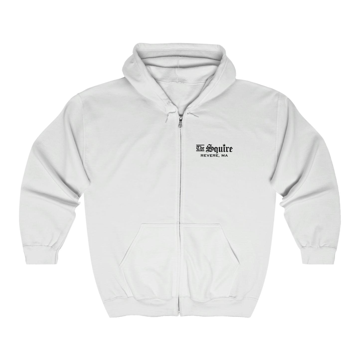 White full-zip hooded sweatshirt with The Squire Revere, MA logo on the chest, made from a cotton-poly blend.
