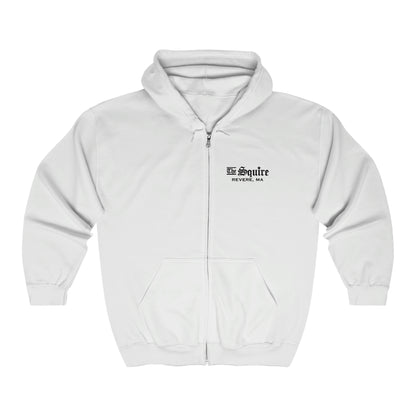 White full-zip hooded sweatshirt with The Squire Revere, MA logo on the chest, made from a cotton-poly blend.