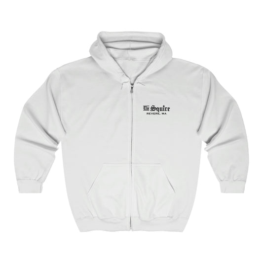 White full-zip hooded sweatshirt with The Squire Revere, MA logo on the chest, made from a cotton-poly blend.