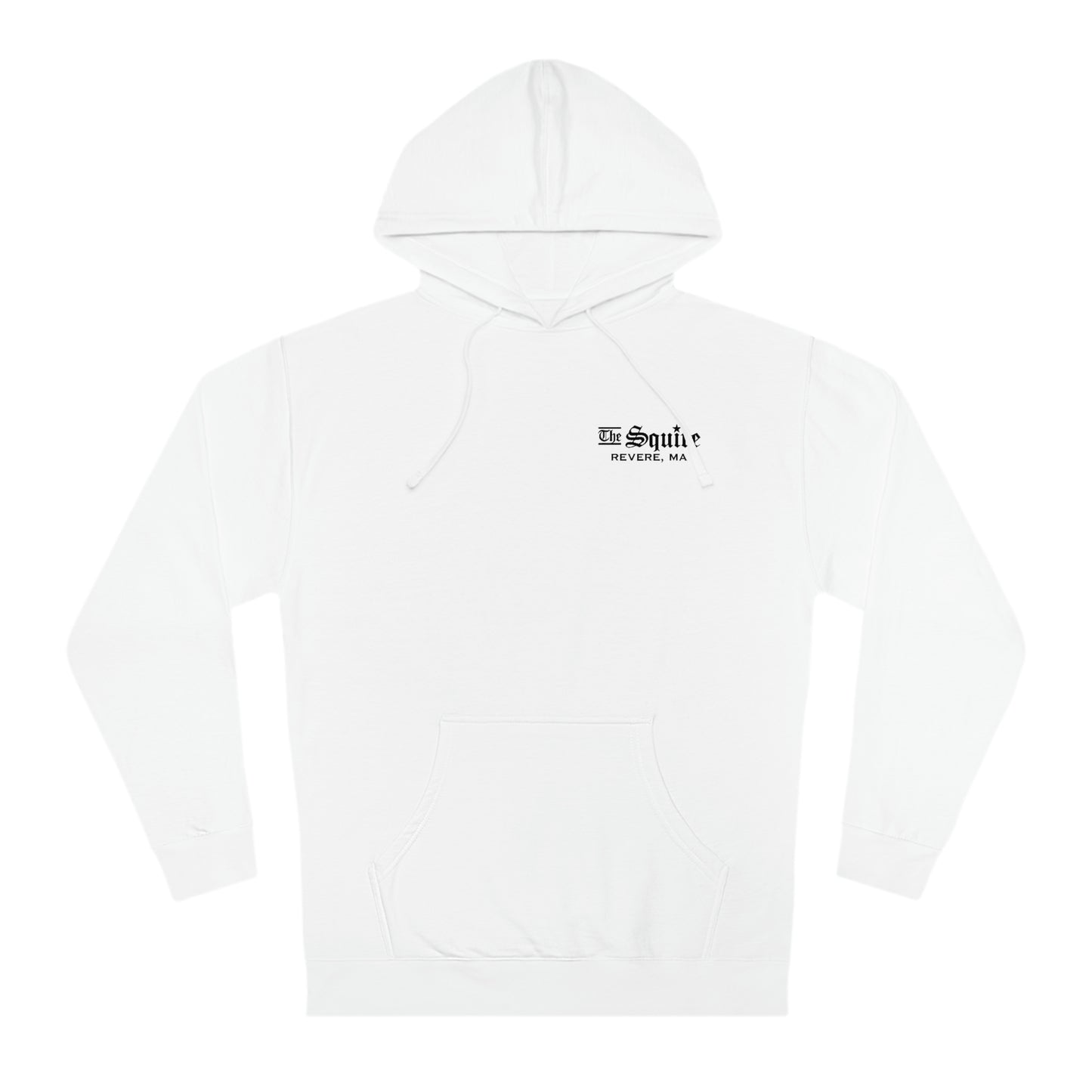 White cotton-blend fleece hoodie featuring a small black The Squire Revere, MA logo on the left chest.