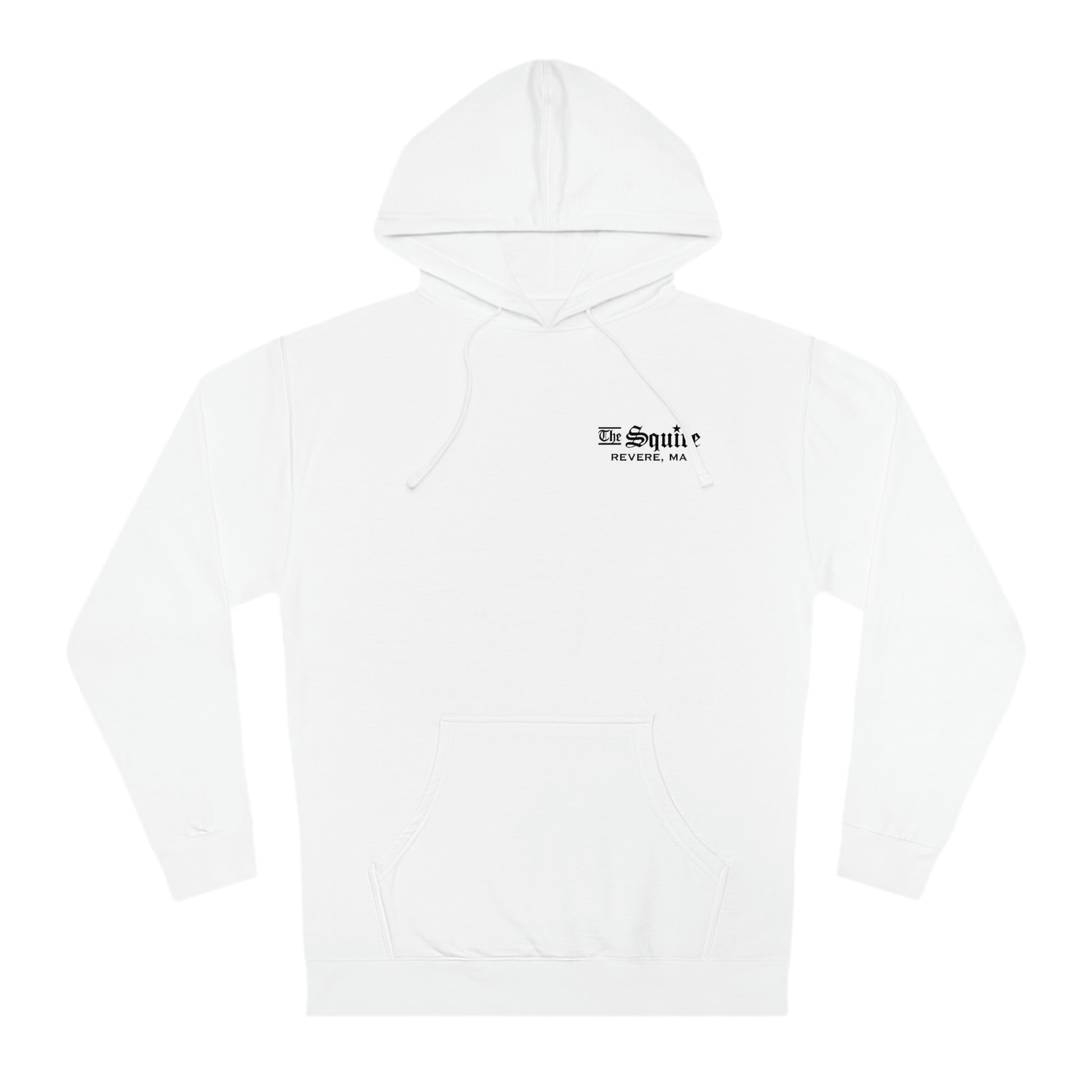 White cotton-blend fleece hoodie featuring a small black The Squire Revere, MA logo on the left chest.