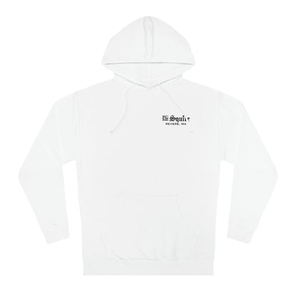 White cotton-blend fleece hoodie featuring a small black The Squire Revere, MA logo on the left chest.