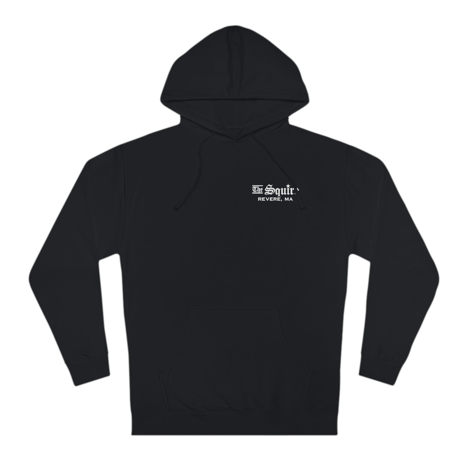 Black regular fit cotton-blend hooded sweatshirt featuring a white The Squire Revere, MA logo on the chest.