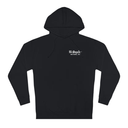 Black regular fit cotton-blend hooded sweatshirt featuring a white The Squire Revere, MA logo on the chest.