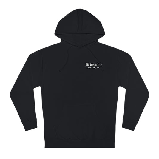 Black regular fit cotton-blend hooded sweatshirt featuring a white The Squire Revere, MA logo on the chest.