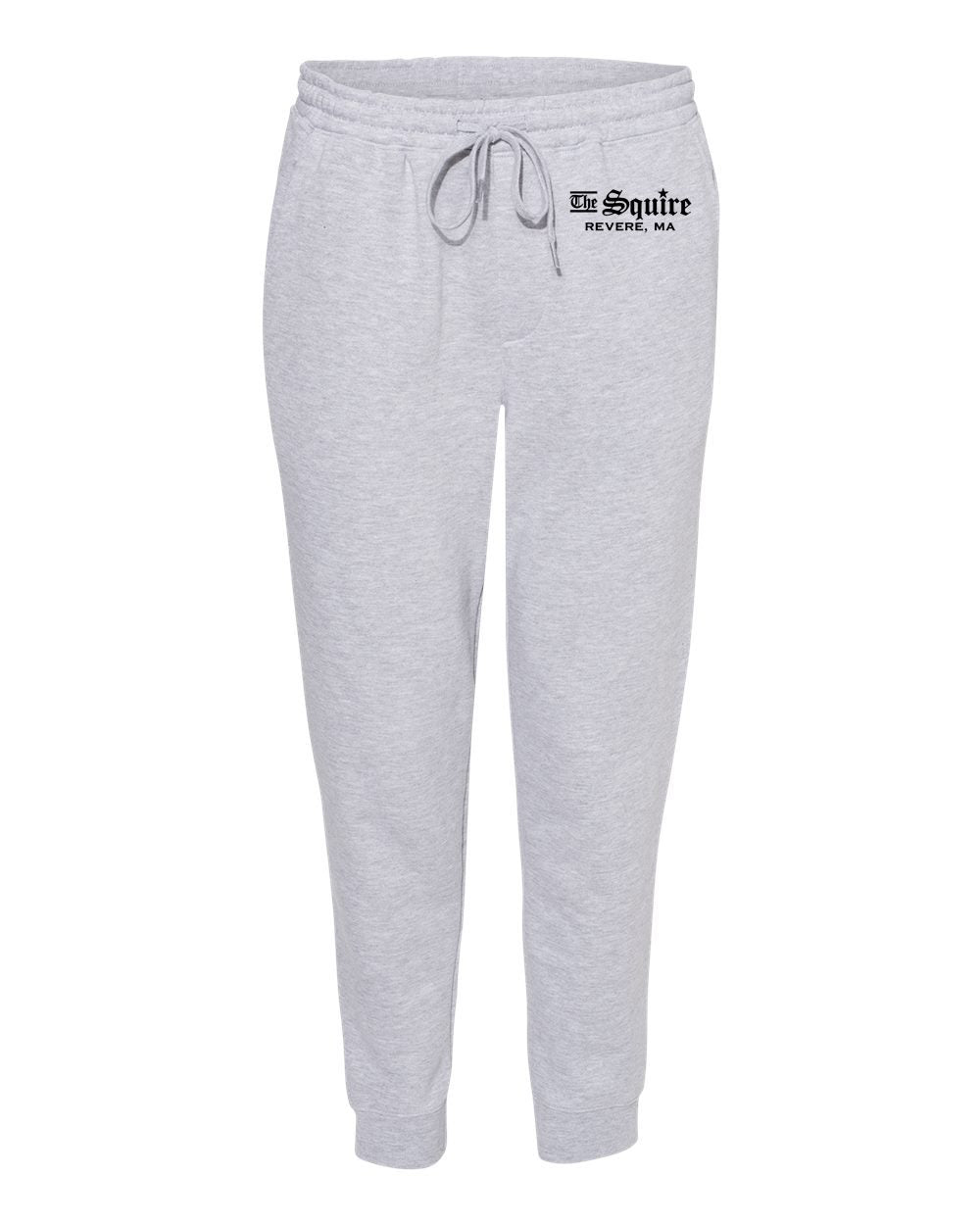 Grey heather midweight joggers with elastic drawstring waist, ribbed cuffs, and The Squire Revere, MA logo.