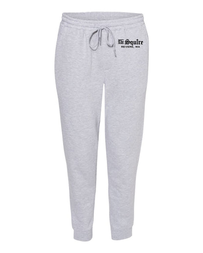 Grey heather midweight joggers with elastic drawstring waist, ribbed cuffs, and The Squire Revere, MA logo.