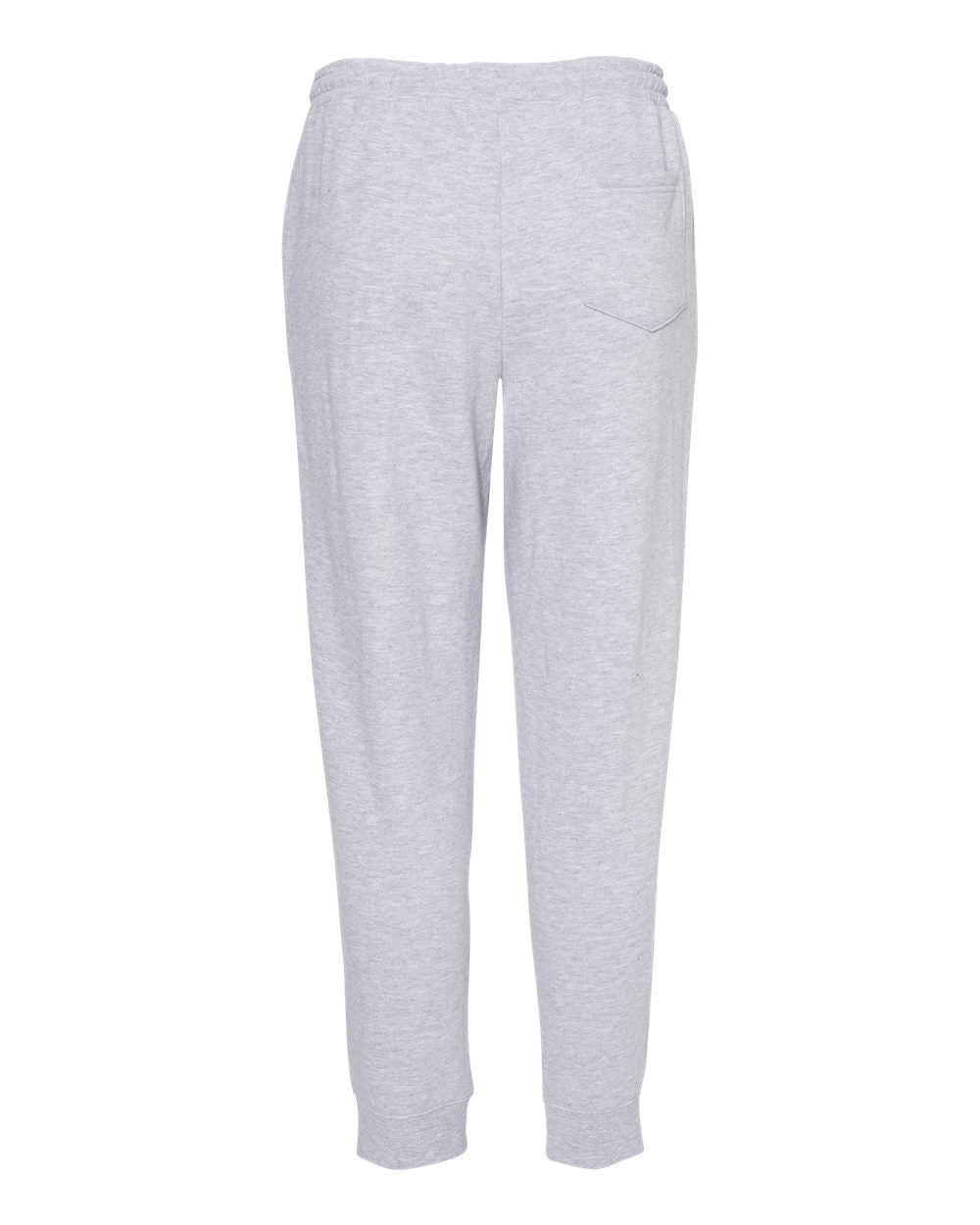 Grey heather midweight joggers with an elastic waistband, back pocket, and ribbed ankle cuffs.