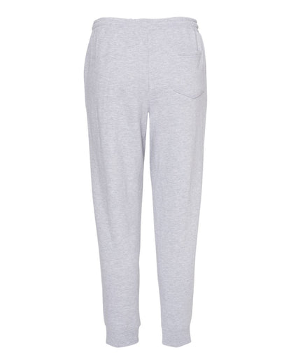Grey heather midweight joggers with an elastic waistband, back pocket, and ribbed ankle cuffs.