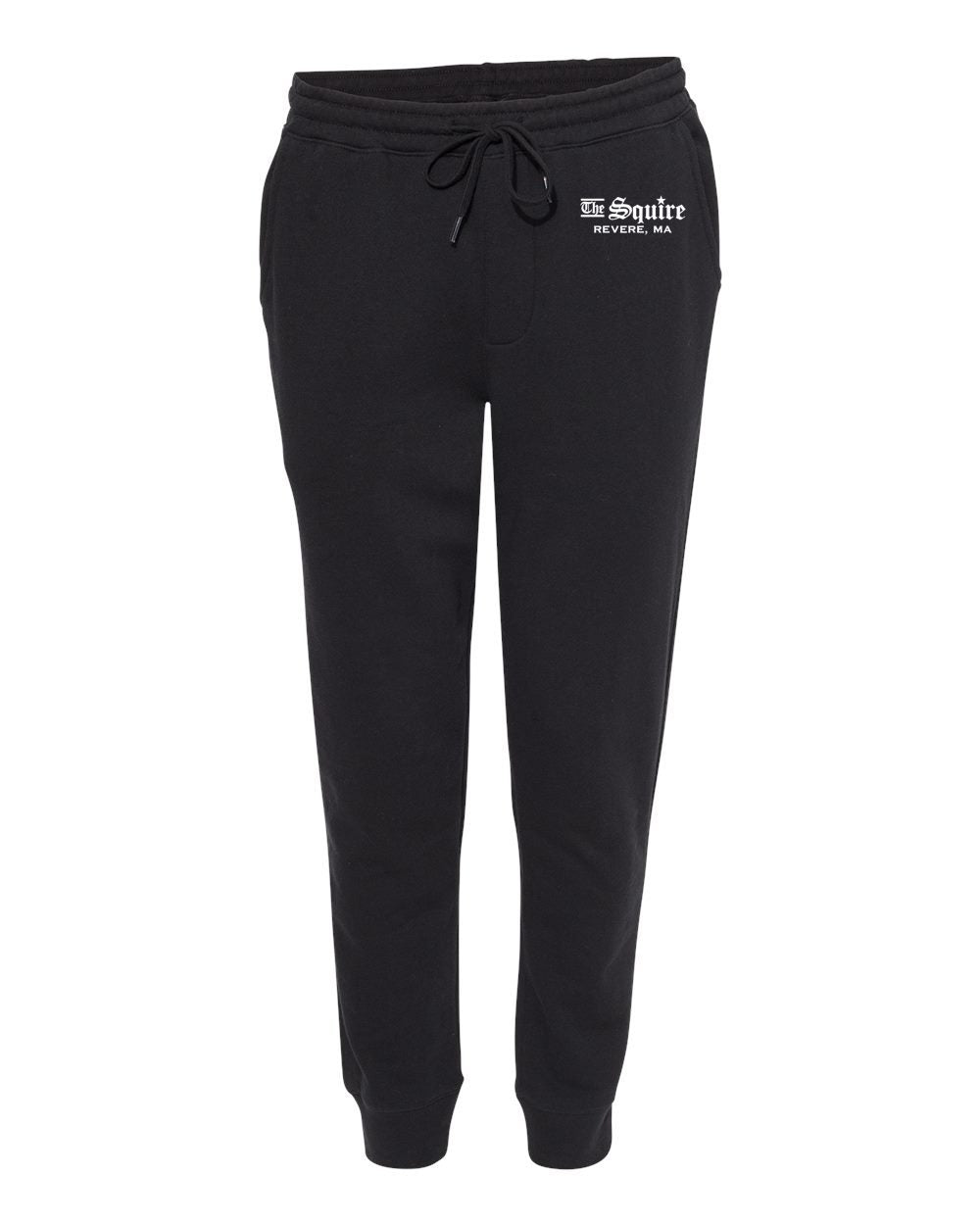 Black midweight fleece joggers with elastic drawstring waist, ribbed ankle cuffs, and The Squire Revere, MA logo.
