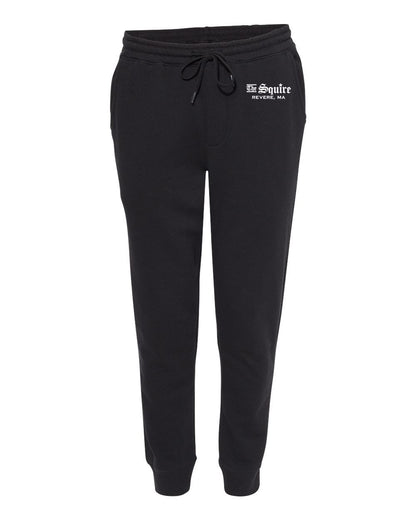 Black midweight fleece joggers with elastic drawstring waist, ribbed ankle cuffs, and The Squire Revere, MA logo.