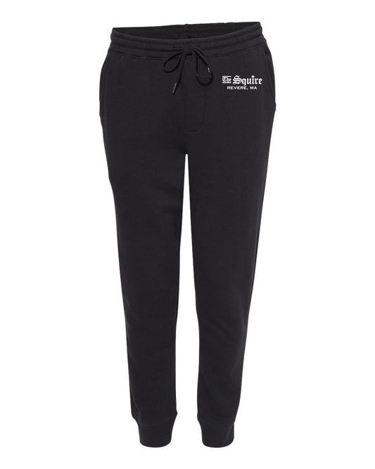 Black midweight fleece joggers with elastic drawstring waist, ribbed ankle cuffs, and The Squire Revere, MA logo.