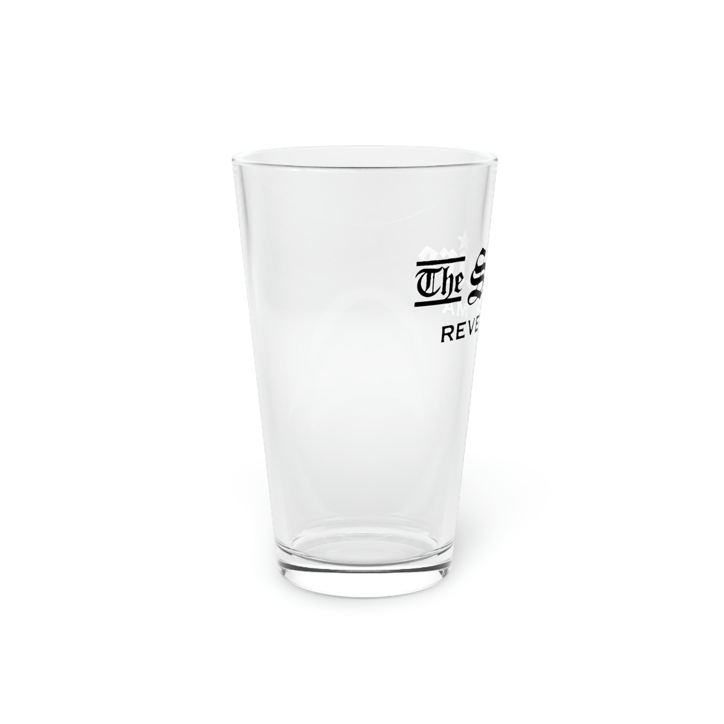 16oz clear glass pint glass featuring The Squire black text logo on a white background.