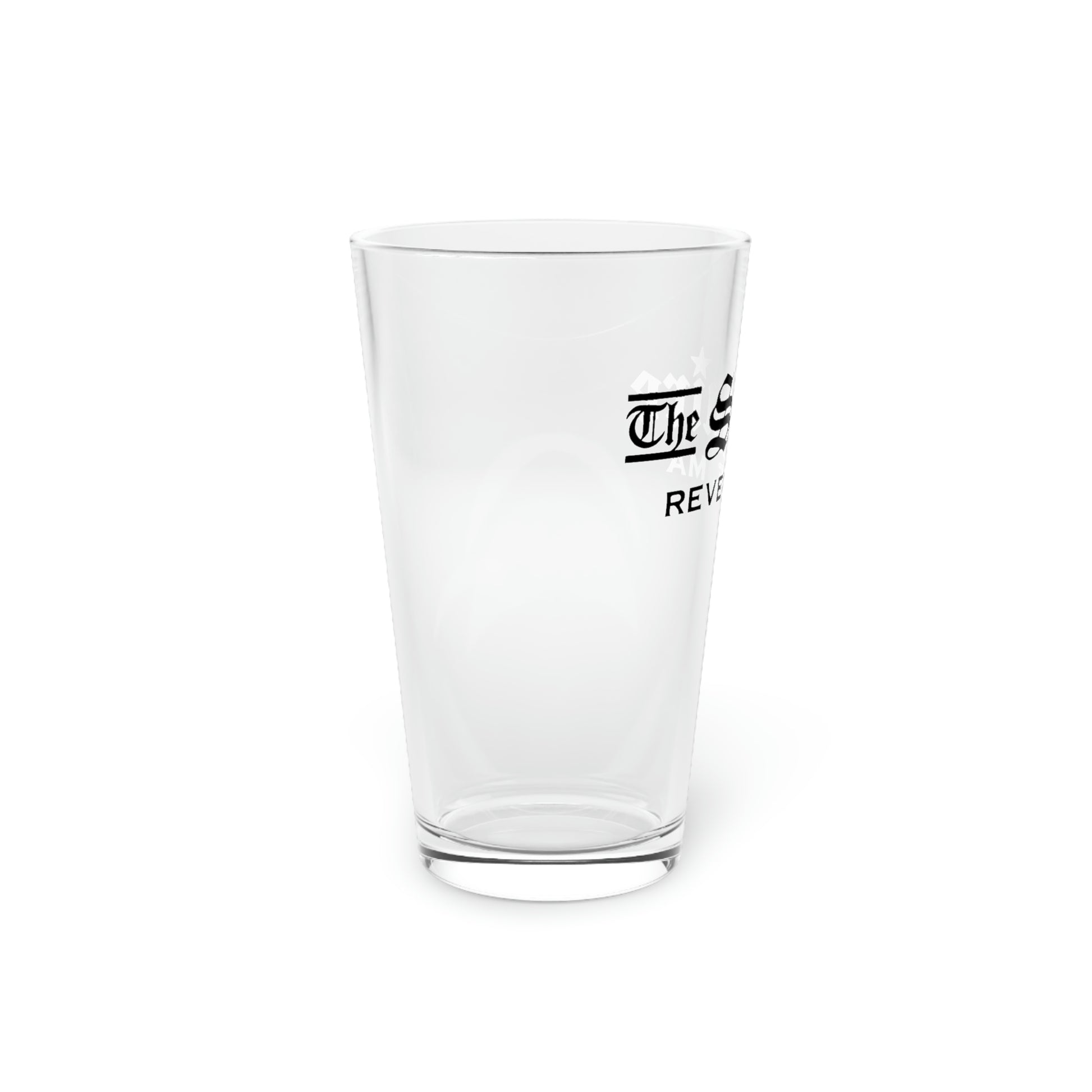 16oz clear glass pint glass featuring The Squire black text logo on a white background.