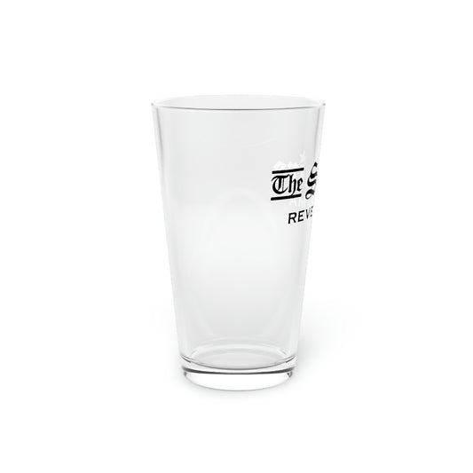 16oz clear glass pint glass featuring The Squire black text logo on a white background.