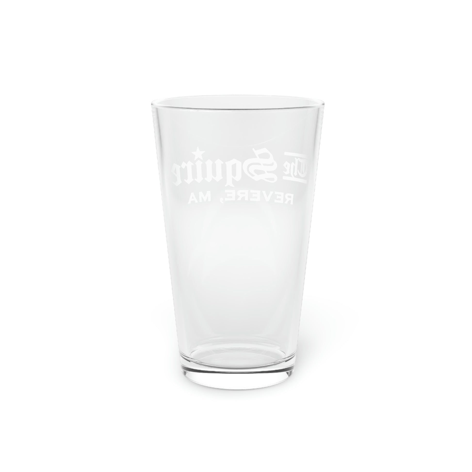 Clear 16oz glass pint glass featuring a white The Squire logo design against a clean white background.