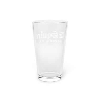 Clear 16oz glass pint glass featuring a white The Squire logo design against a clean white background.
