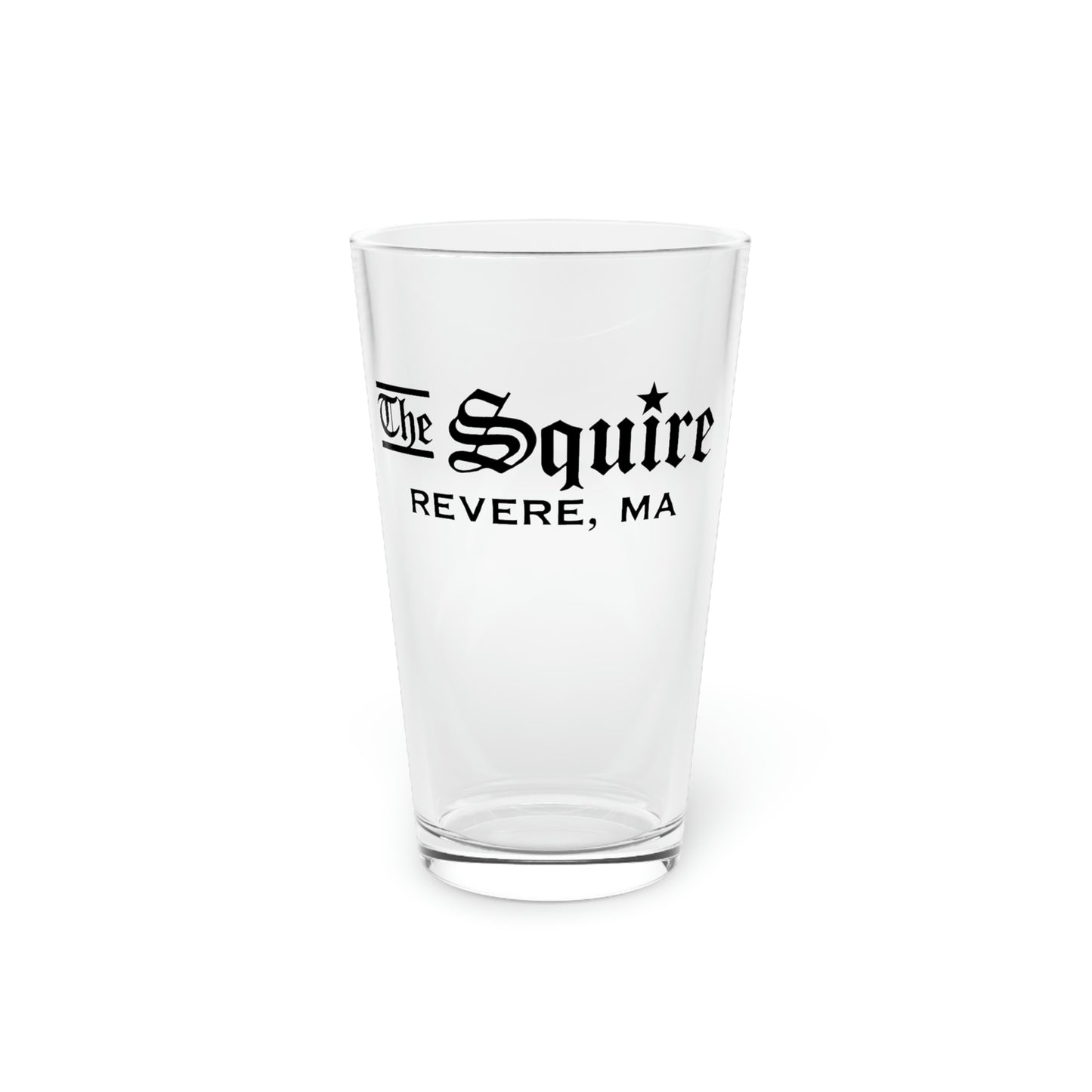 16oz clear glass pint glass featuring The Squire Revere, MA logo in black text on a white background.