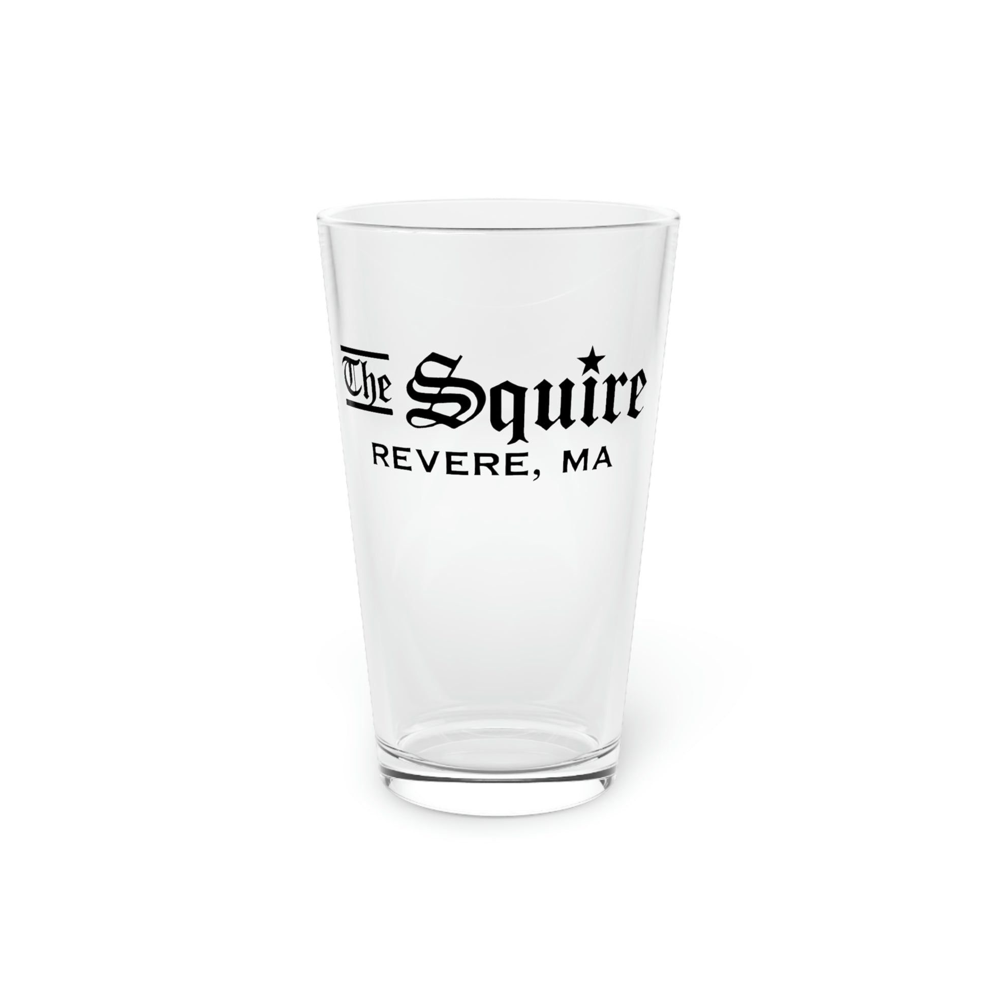 16oz clear glass pint glass featuring The Squire Revere, MA logo in black text on a white background.