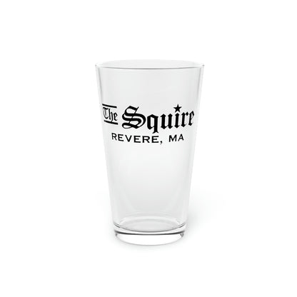 16oz clear glass pint glass featuring The Squire Revere, MA logo in black text on a white background.