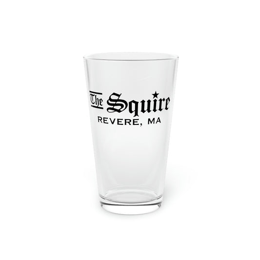 16oz clear glass pint glass featuring The Squire Revere, MA logo in black text on a white background.