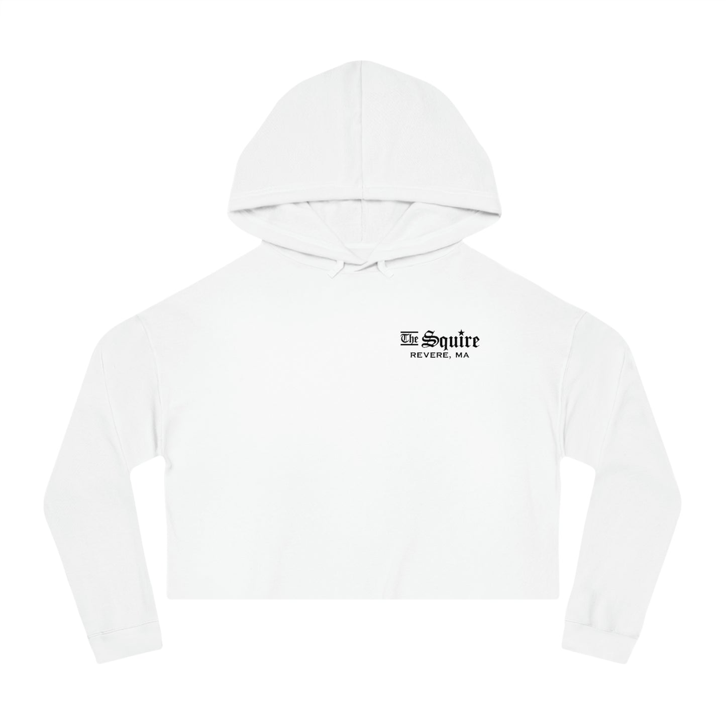 White cropped hooded sweatshirt with long sleeves and The Squire Revere, MA logo on the chest.