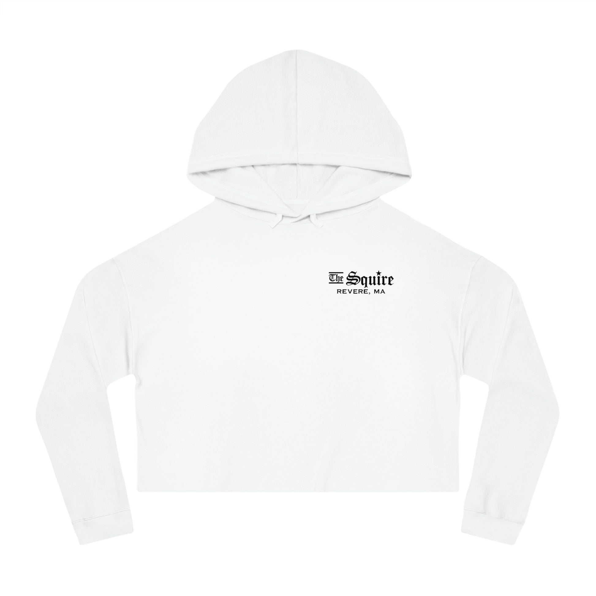 White cropped hooded sweatshirt with long sleeves and The Squire Revere, MA logo on the chest.