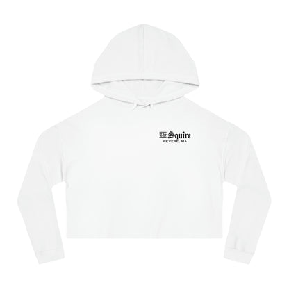 White cropped hooded sweatshirt with long sleeves and The Squire Revere, MA logo on the chest.