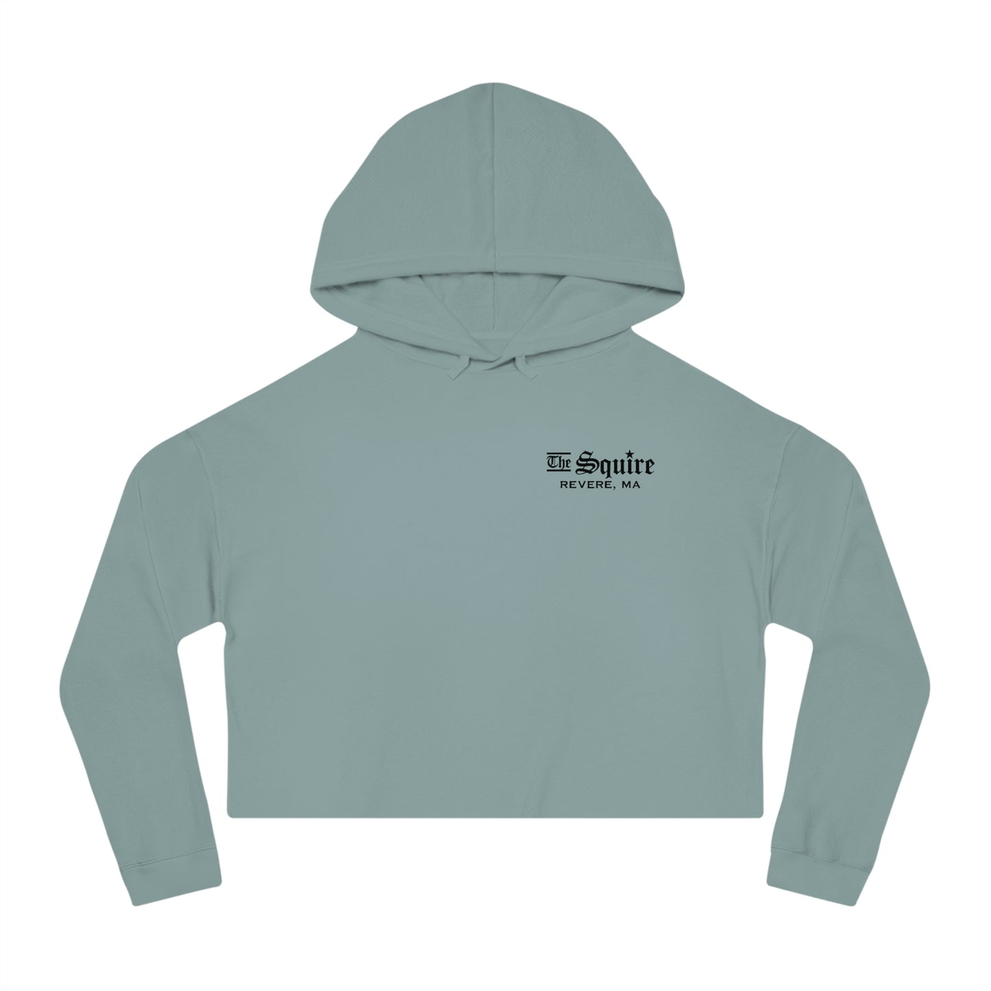 Sage green women's cropped hooded sweatshirt with The Squire Revere, MA black text logo on the chest.